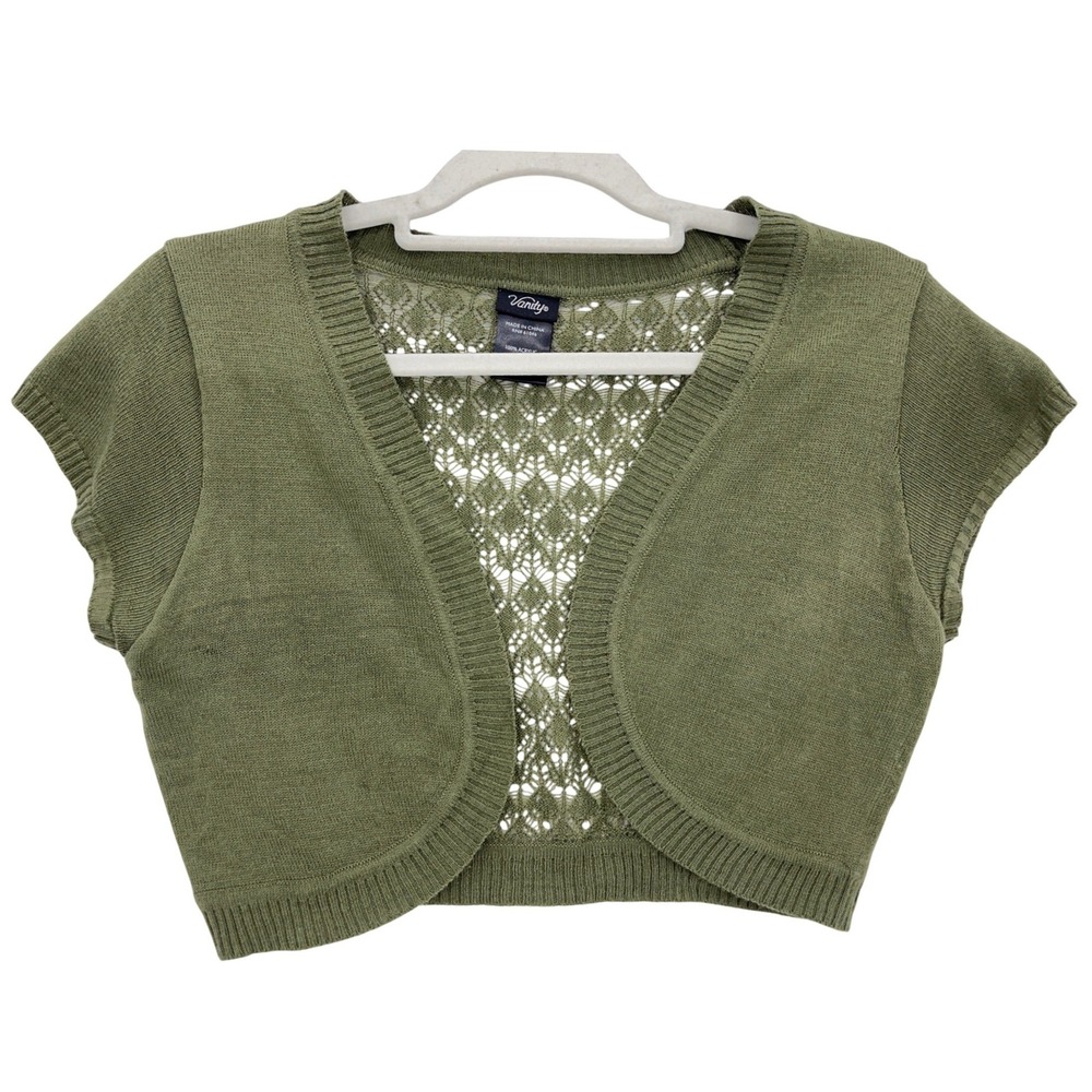 Vanity Green Bolero Sweater L Pointelle Knit Open Front Cap Sleeve Cropped Shrug